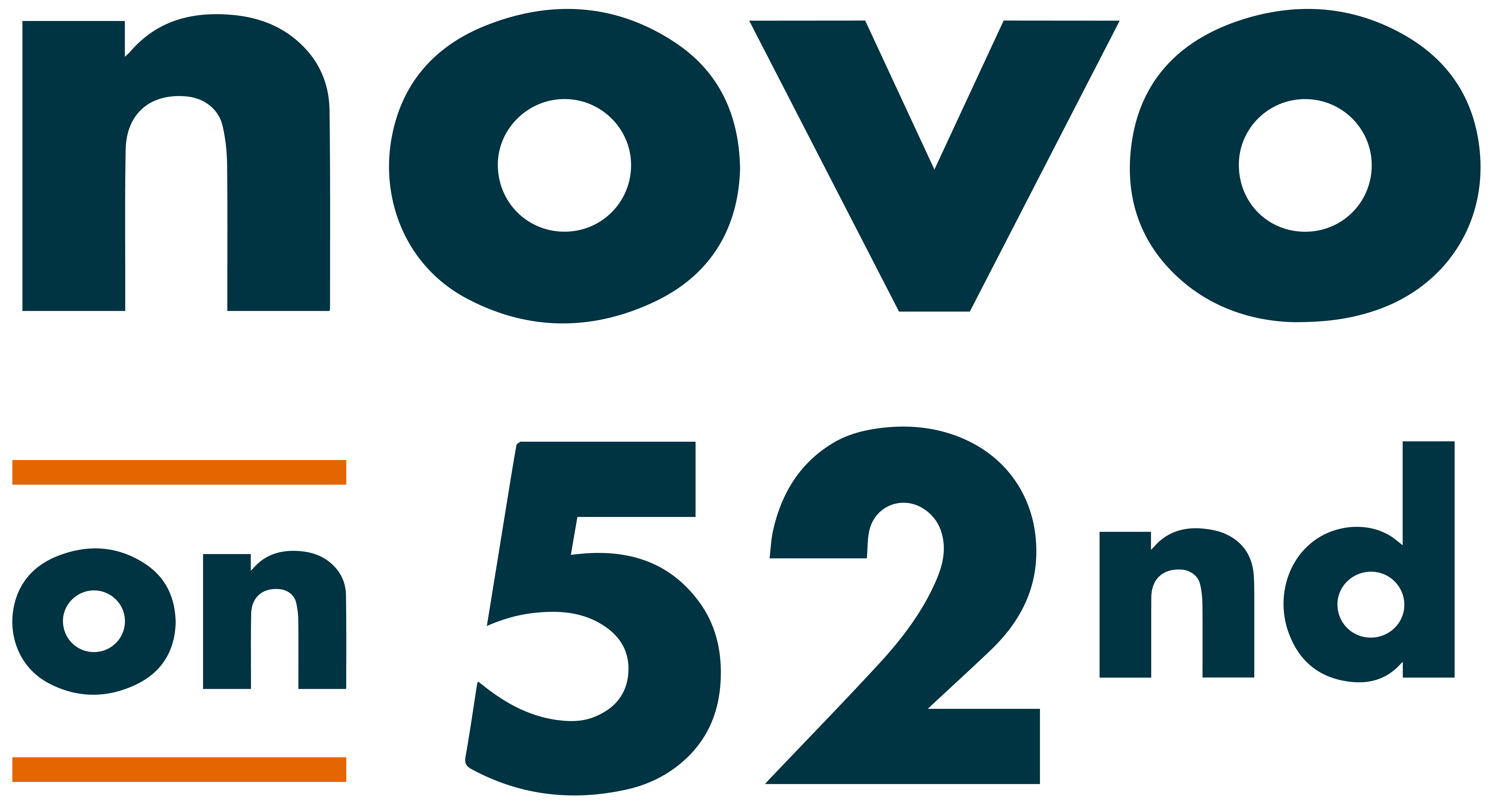 A graphic with the text "novo" and "on 52nd" in different font sizes and colors.